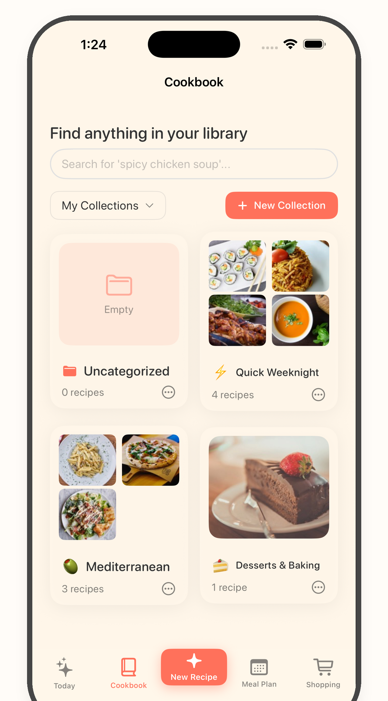 Bytful cookbook screen showing saved recipes organized in one place.