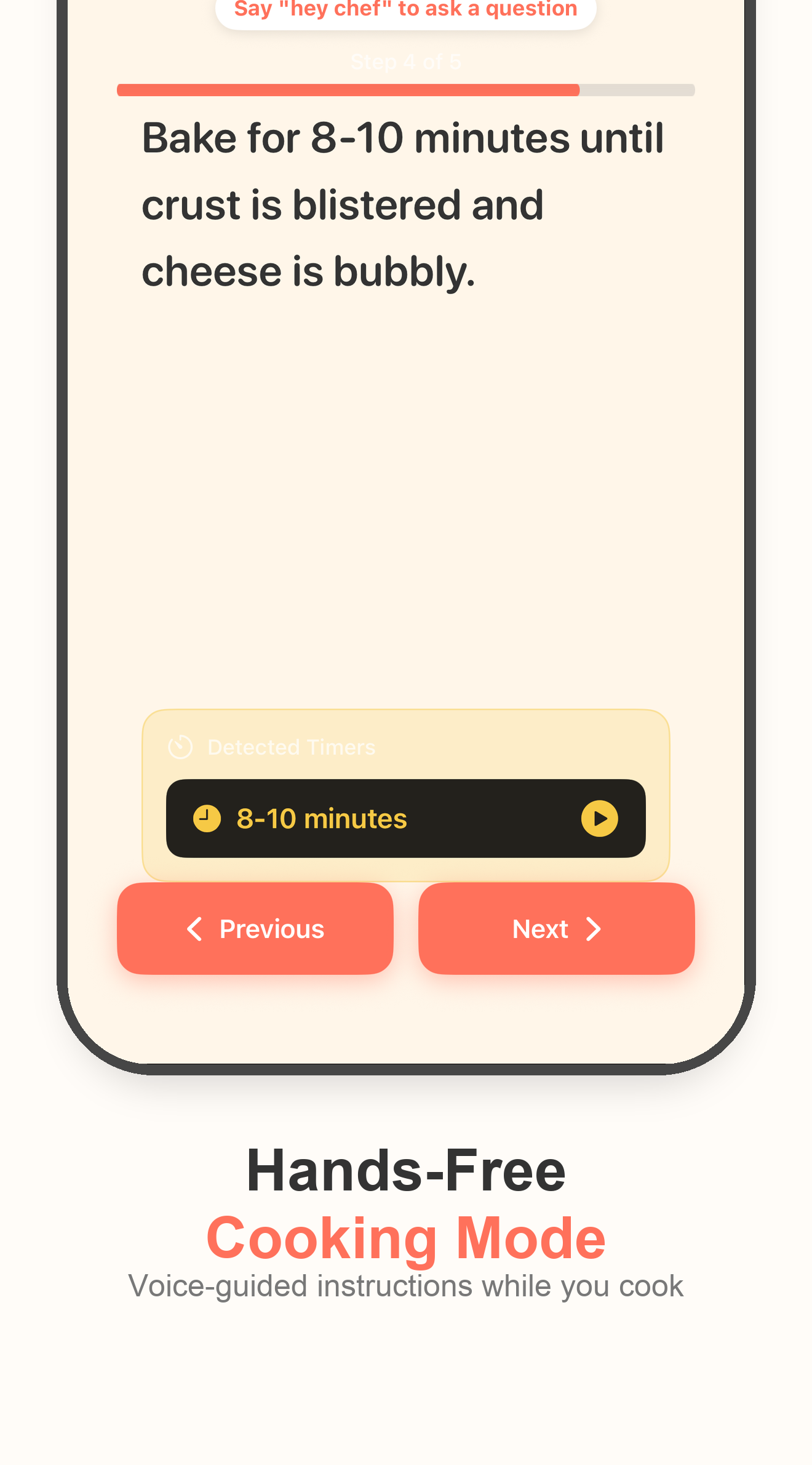 Bytful Cooking Mode screen showing a recipe step in a focused iPhone cooking view.