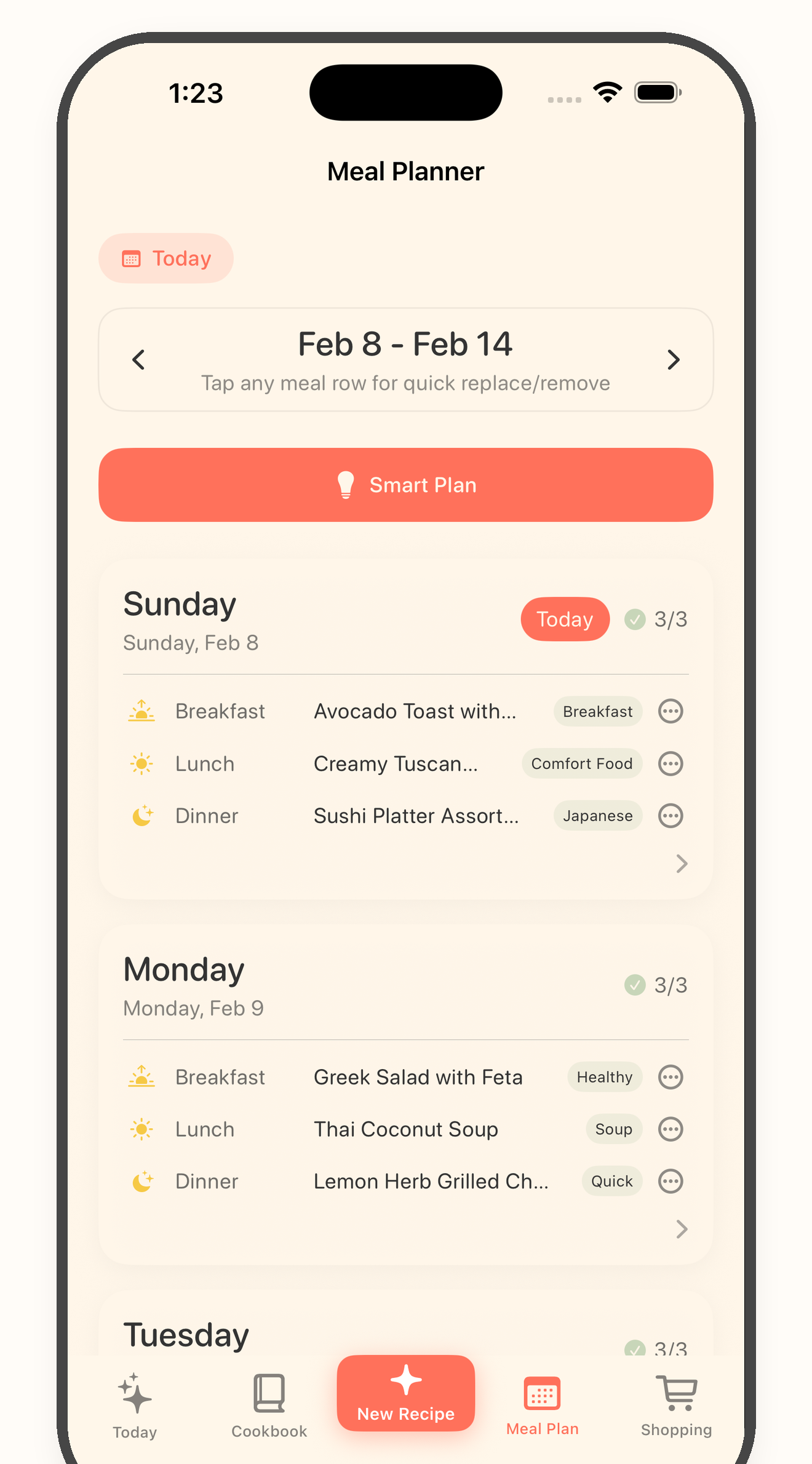Bytful meal planner screen showing meals organized across the week.