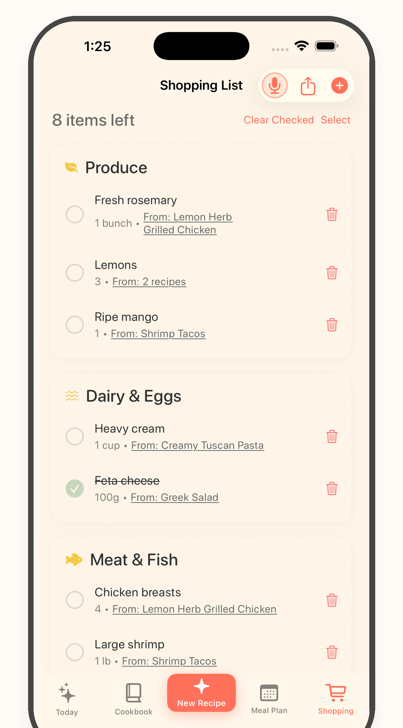 Bytful shopping list screen showing grocery items grouped for shopping.