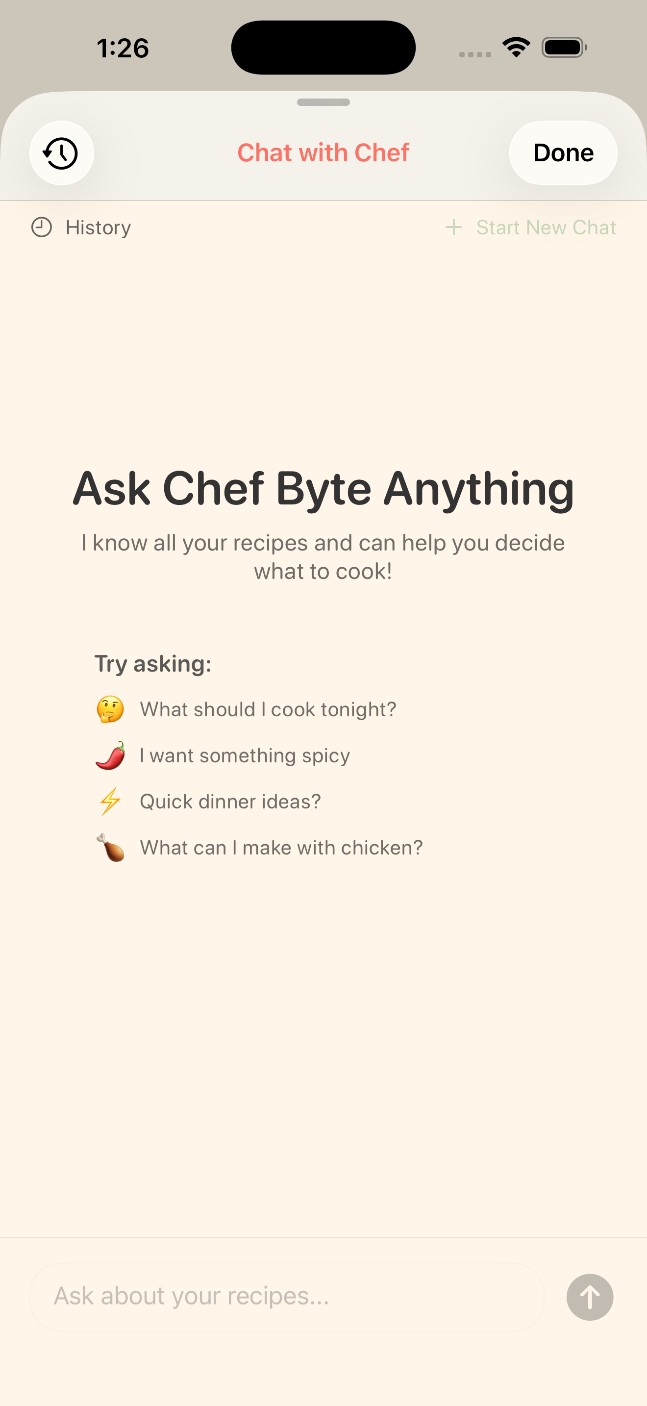 Bytful Chef Byte chat screen for asking cooking questions.