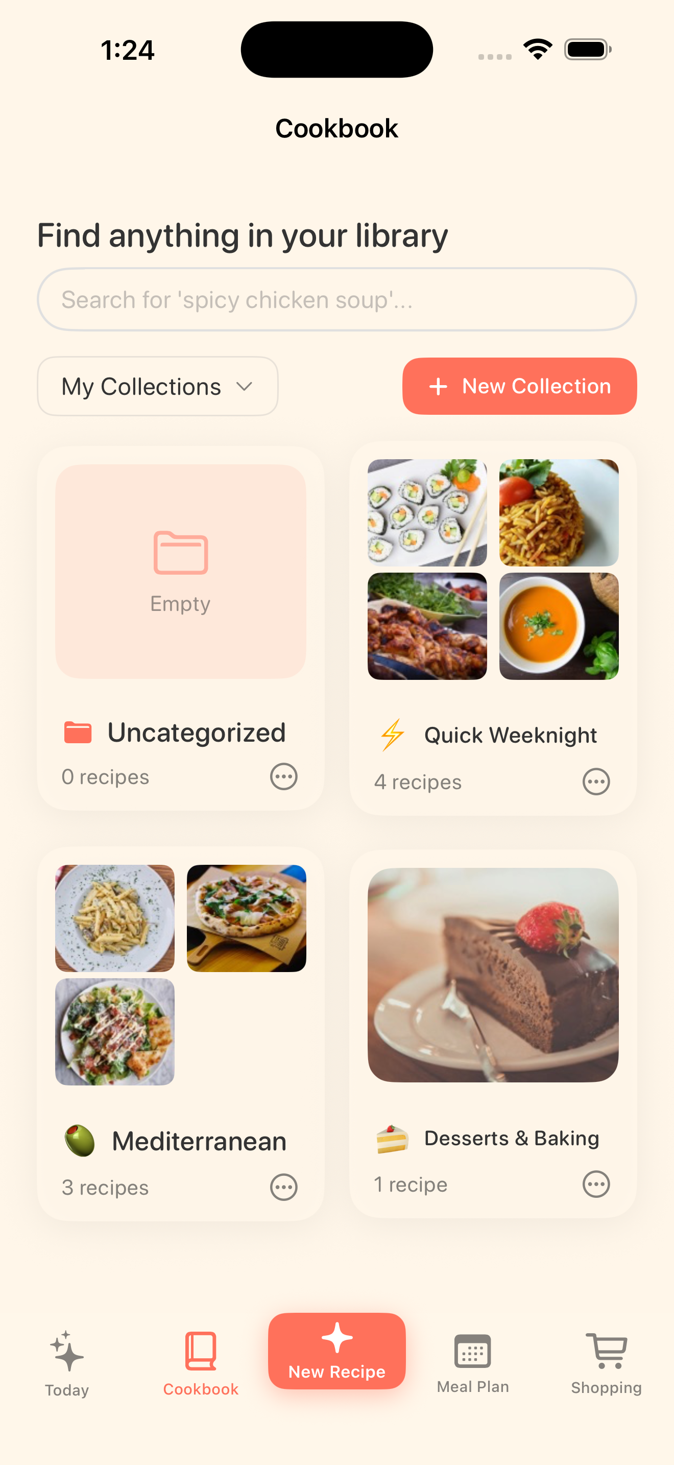 Bytful cookbook screen showing saved recipes organized in one place.