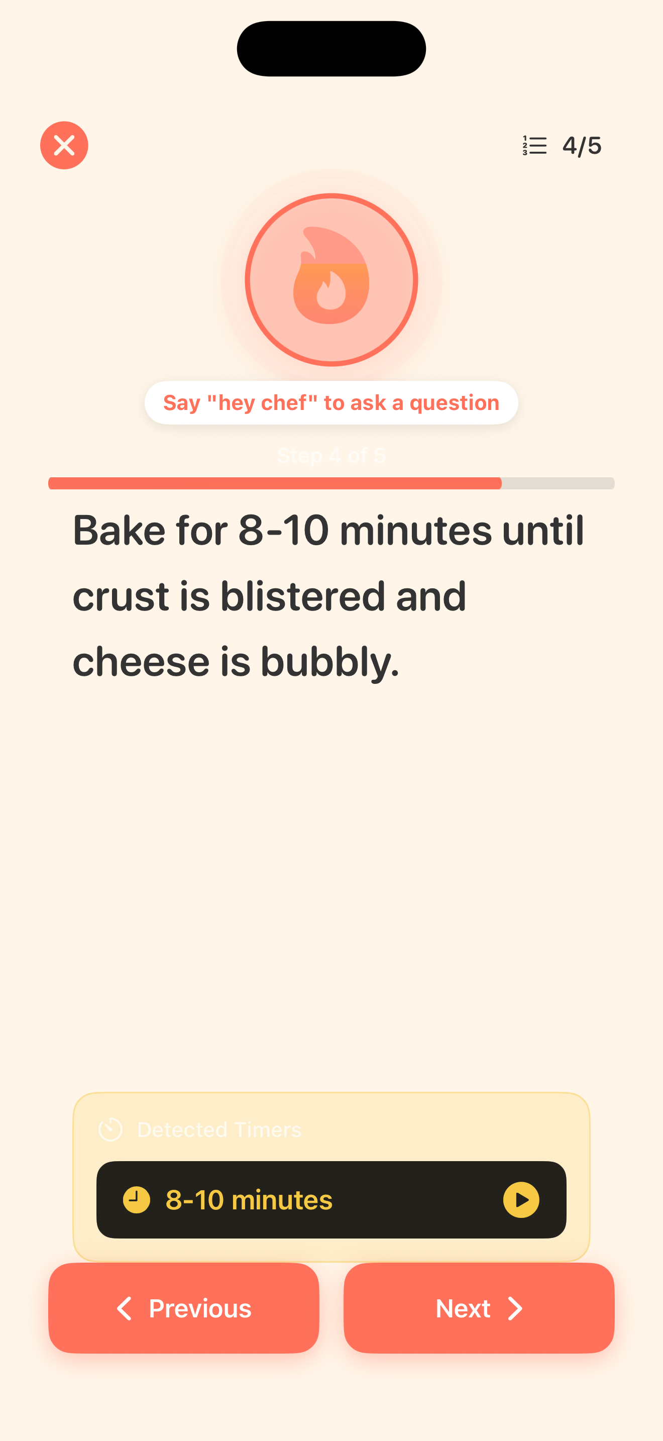 Bytful cooking mode screen with large recipe step text and timer controls.
