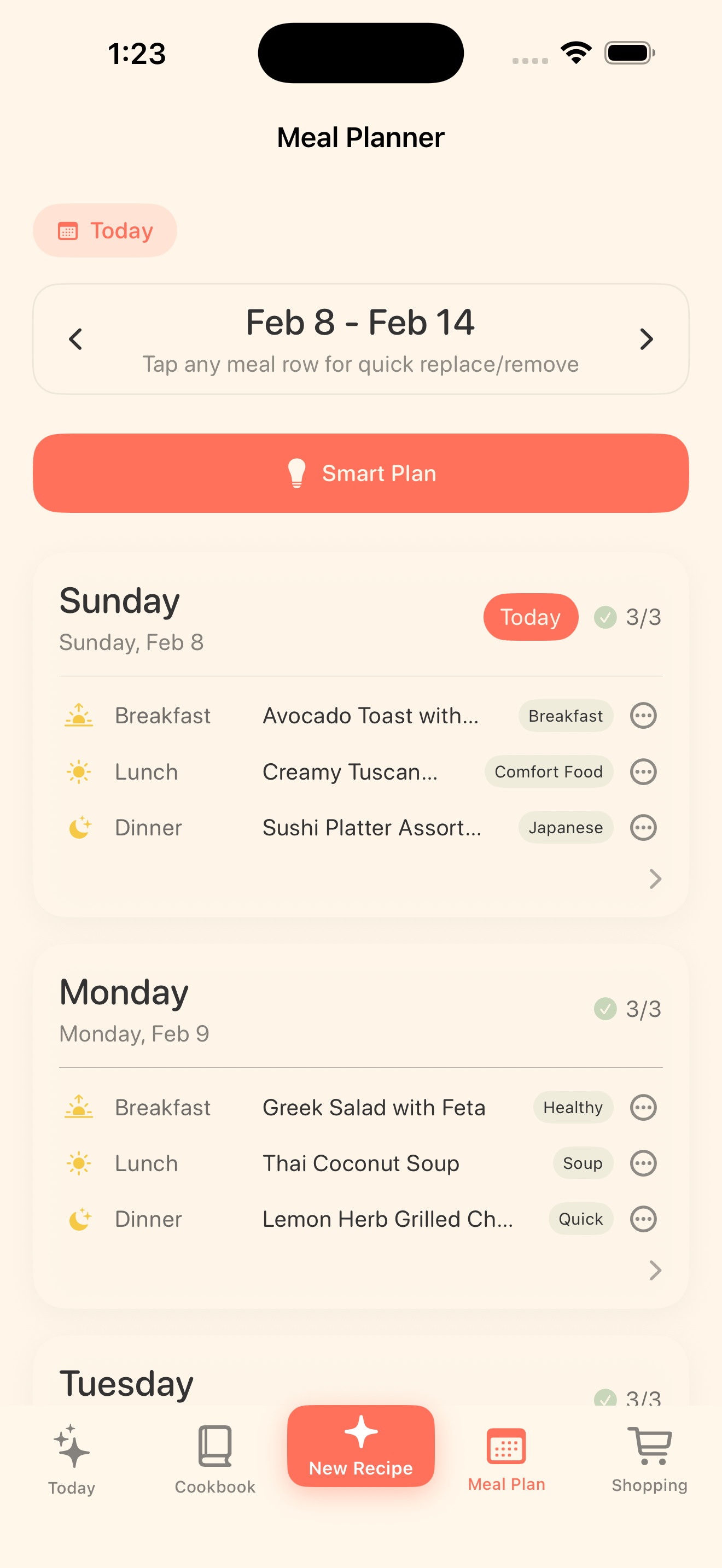 Bytful meal planner screen showing a weekly meal plan.