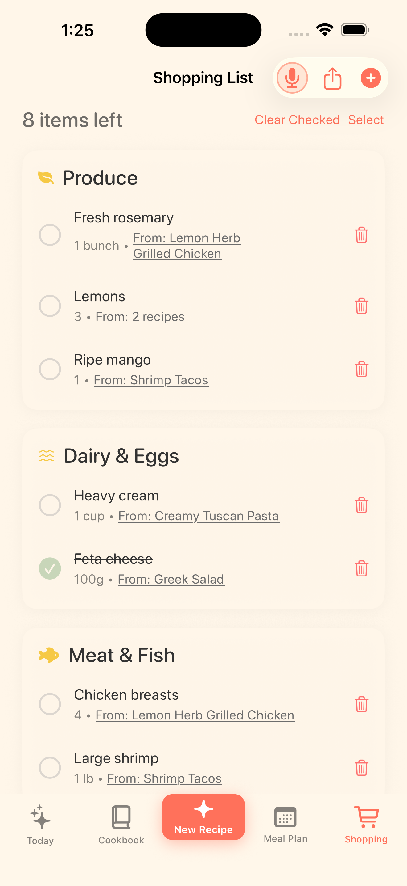 Bytful shopping list screen with grocery items grouped by aisle.