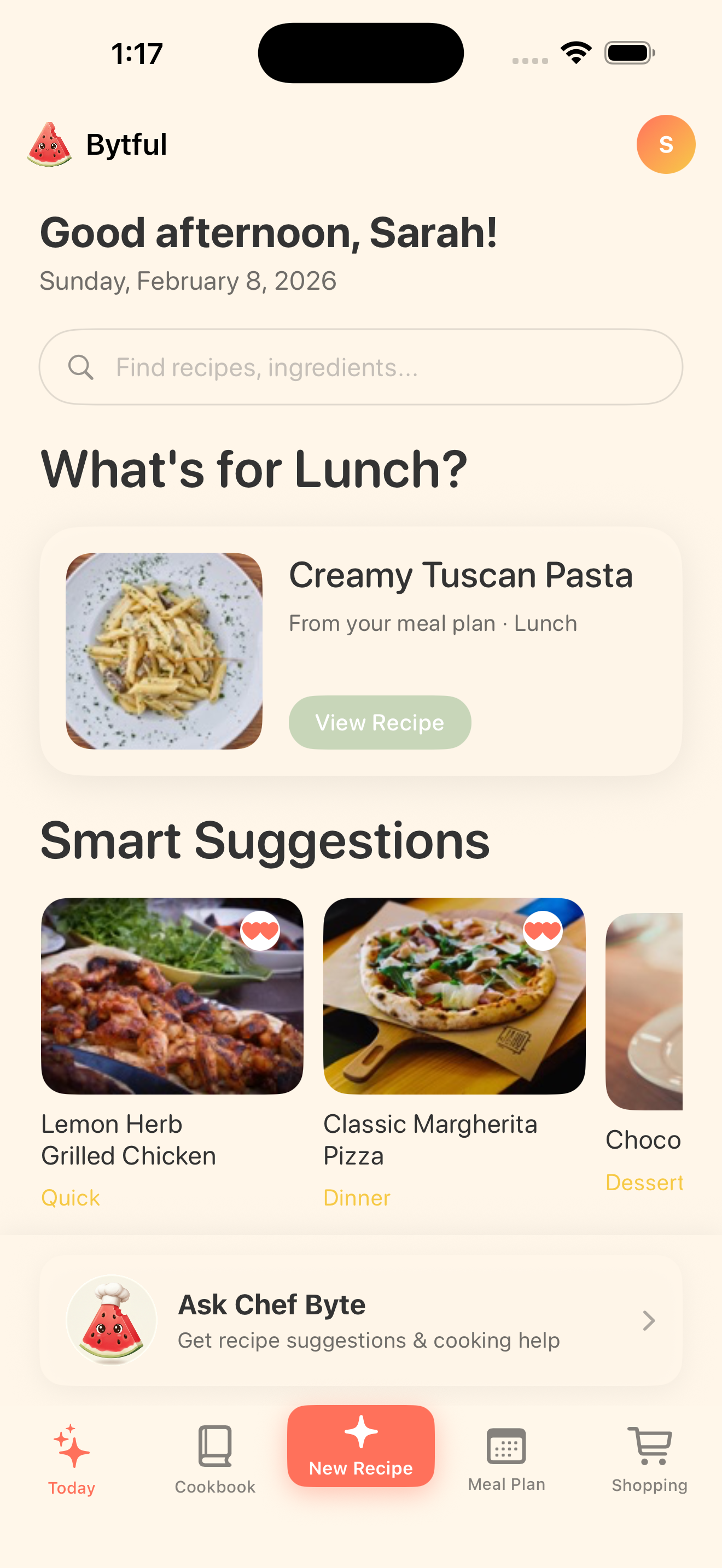 Bytful Today screen showing lunch and smart recipe suggestions.